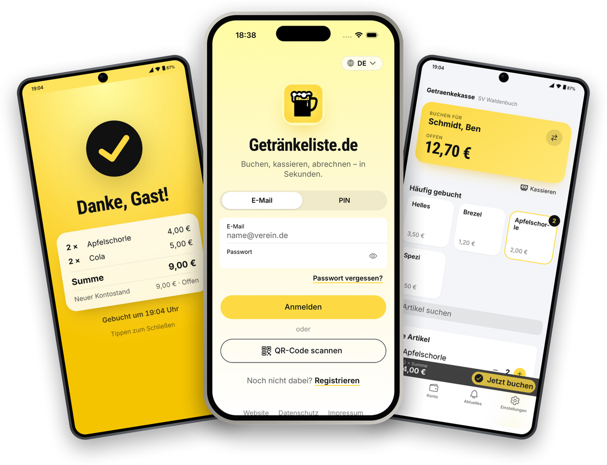 Getränkeliste-App auf iPhone und Samsung Galaxy: Anmeldung, Warenkorb und Buchungsbestätigung