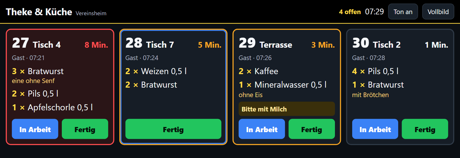 Bestell-Anzeige auf dem Testsystem: Kacheln mit Bestellnummer, Tisch, Wartezeit in Minuten mit gelber und roter Markierung, Positionen und Knöpfen „In Arbeit“ und „Fertig“