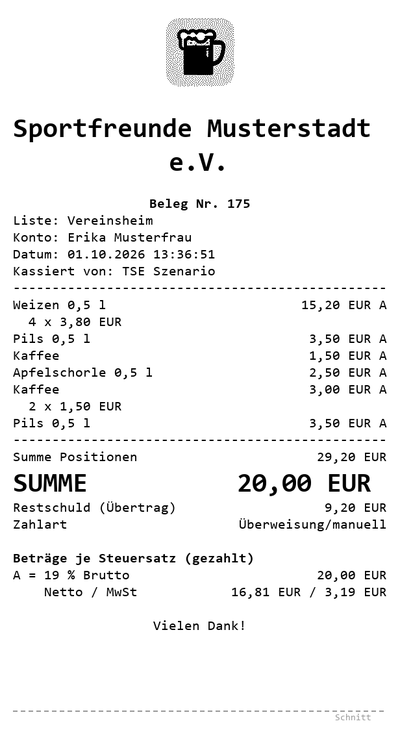 Beispiel eines gedruckten Kassenbons mit Vereinslogo, Positionen, Rabatt und Umsatzsteuer