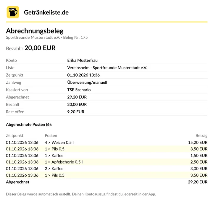 Abrechnungsbeleg mit abgerechneten Posten, Zahlweg und Restbetrag