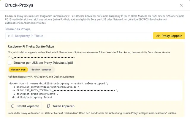 Druck-Proxy in der Verwaltung koppeln: Geräte-Token und fertiger Startbefehl (docker run)