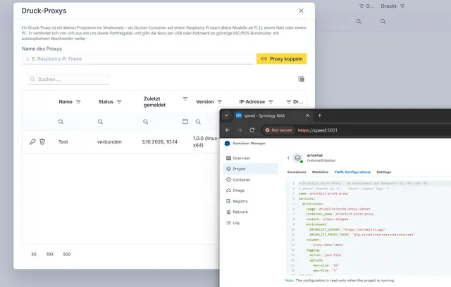 Praxisbeispiel: Druck-Proxy auf einer Synology-NAS (Container Manager) – in der Verwaltung „verbunden“