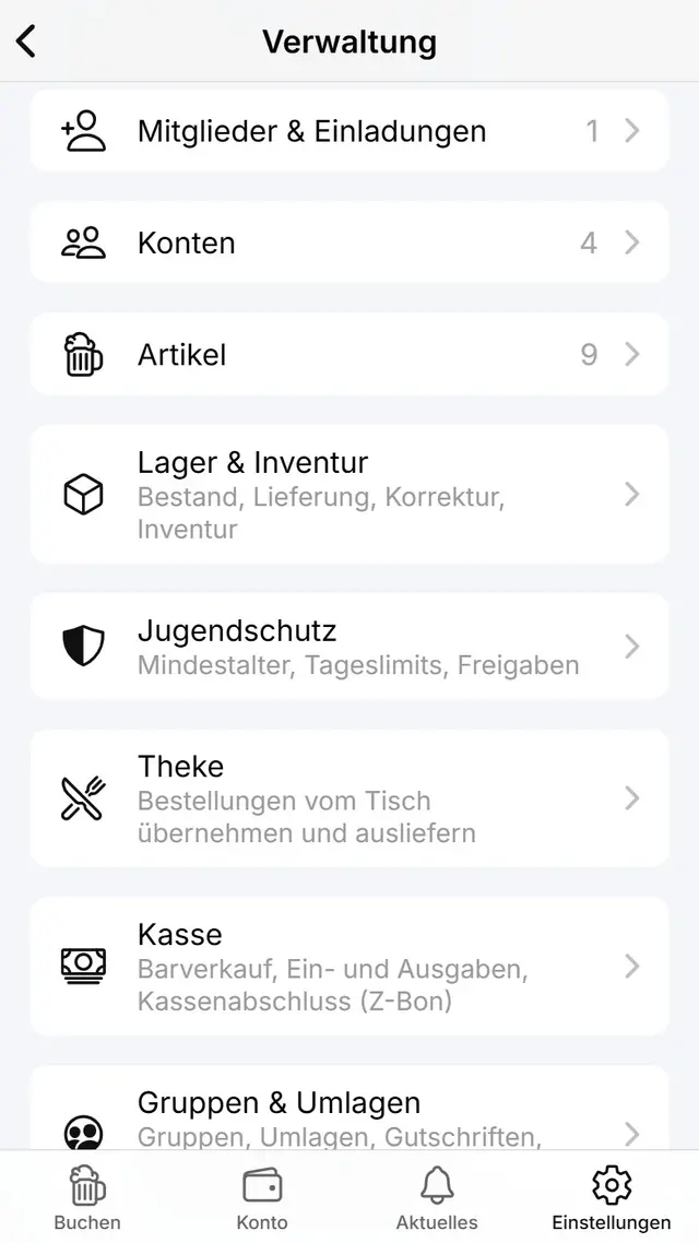 Lager und Verwaltung in der App