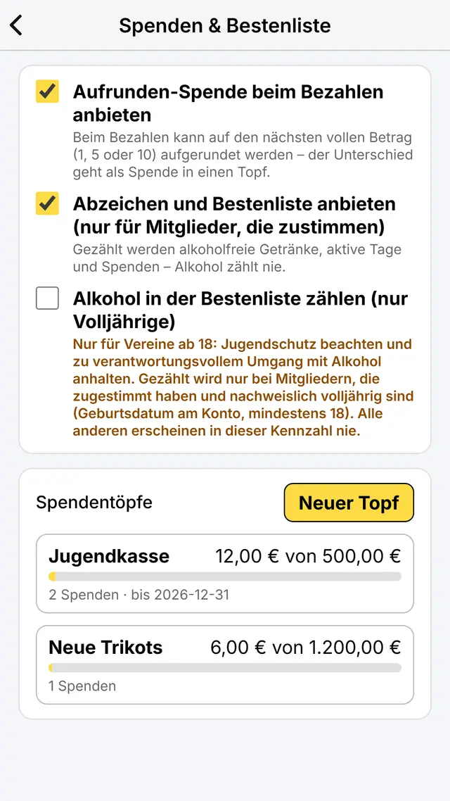 Aufrunden-Spende und Spendentöpfe