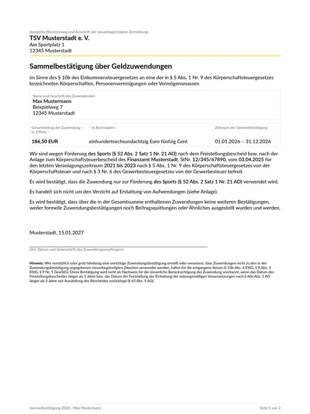 Zuwendungsbestätigung als Sammelbestätigung