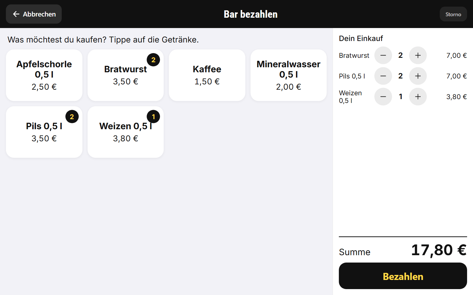 Gast-Barverkauf am Kiosk: Getränke und Essen als Kacheln, rechts der Einkauf mit Plus und Minus, Summe 17,80 € und Knopf „Bezahlen“
