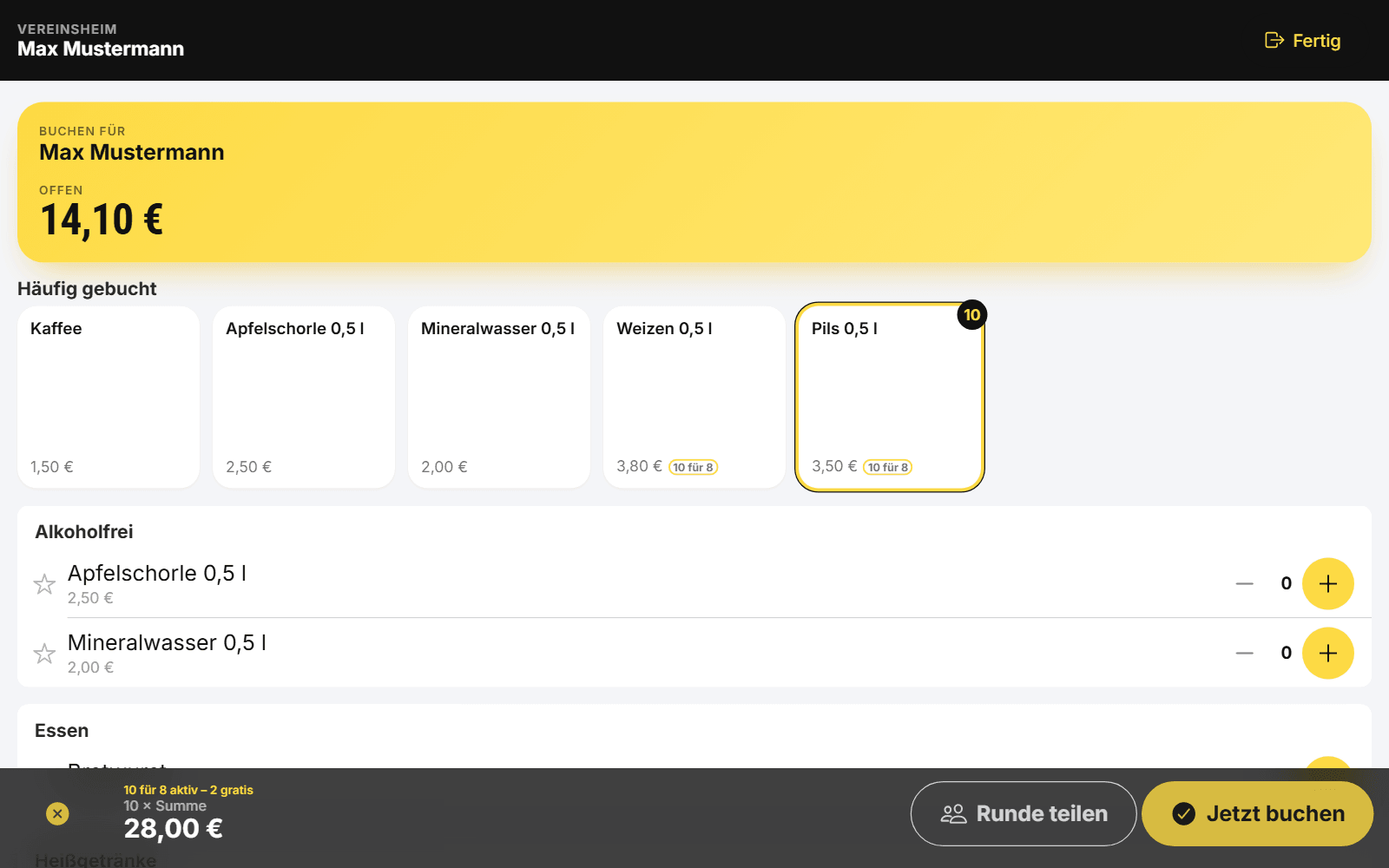 Kiosk am Tablet: zehn Pils im Warenkorb, Hinweis „10 für 8 aktiv – 2 gratis“, Summe 28,00 € und Knöpfe „Runde teilen“ und „Jetzt buchen“